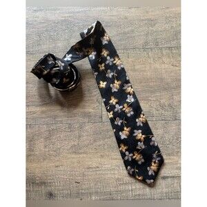 Vintage men’s Cocktail Collection 100% Silk Woven Floral Black Gold Silver Tie